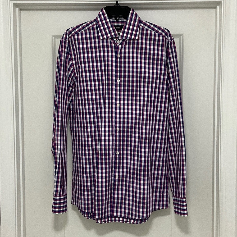 Hugo Boss Men's Purple and White Checkered Shirt